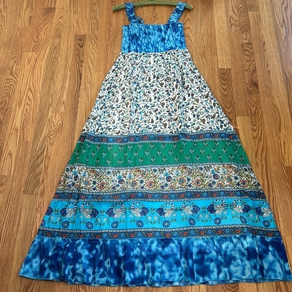 NWT Chaudry KC Maxi Dress SMALL Blue Green Gypsy Bohemian Smocked Tiered Cotton - Picture 1 of 10